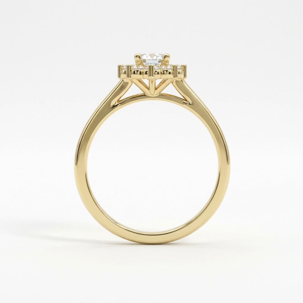 0.7ct oval diamond flower halo engagement ring in 14K yellow gold - romantic nature-inspired design
