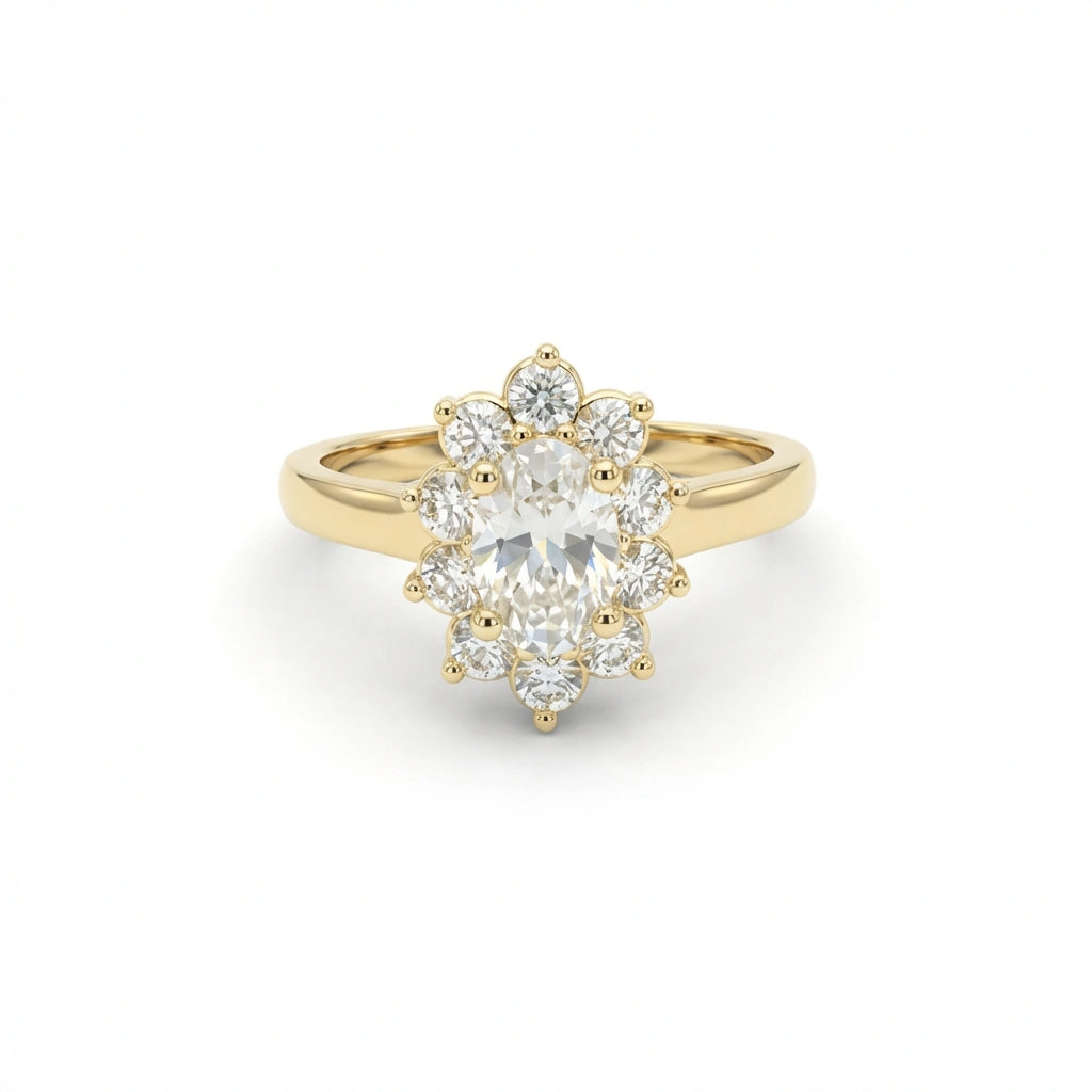 0.7ct oval diamond flower halo engagement ring in 14K yellow gold - top view showing petal-shaped halo detail