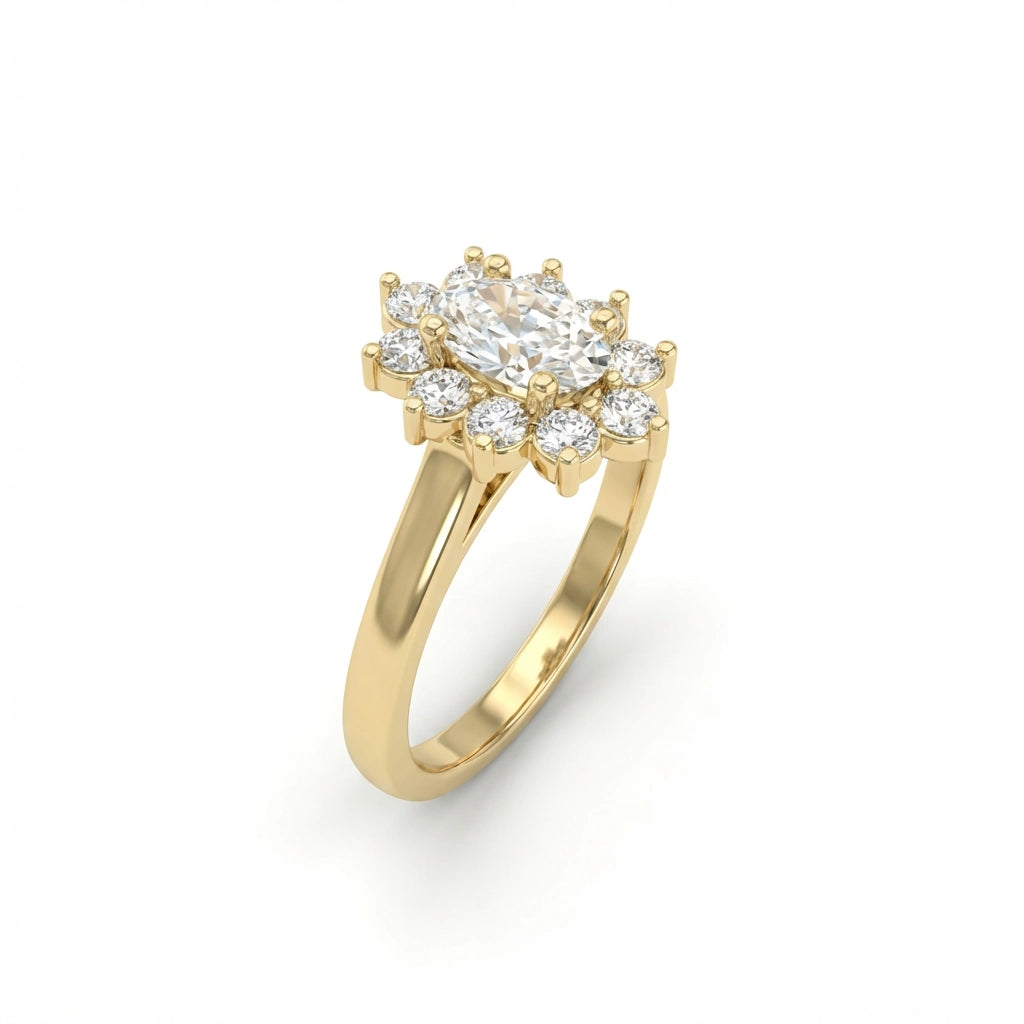 0.7ct oval diamond flower halo engagement ring side view - showing delicate flower petal halo diamonds