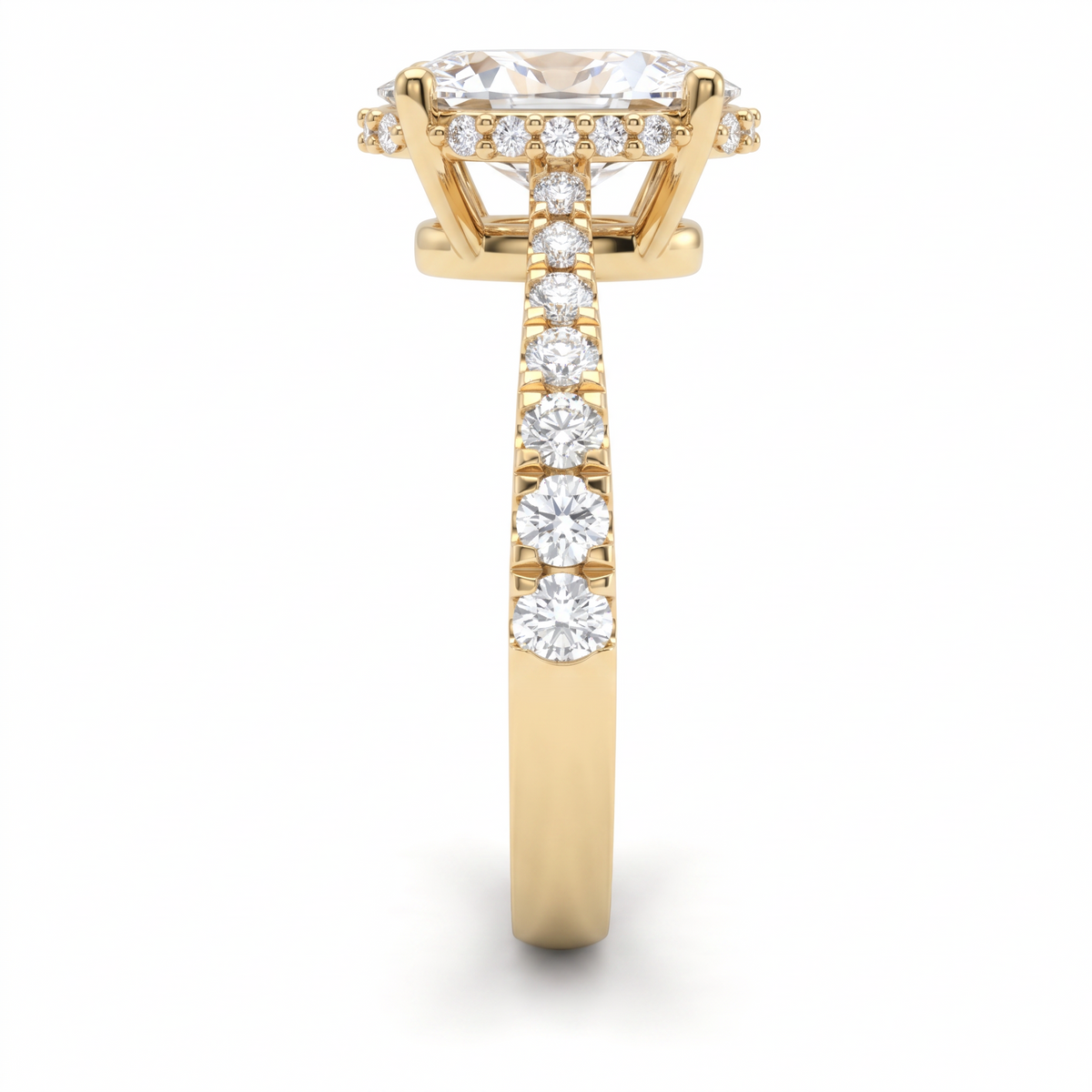 Side view of a 14K yellow gold oval engagement ring with graduated pavé Lab-Grown Diamond band and hidden halo basket
