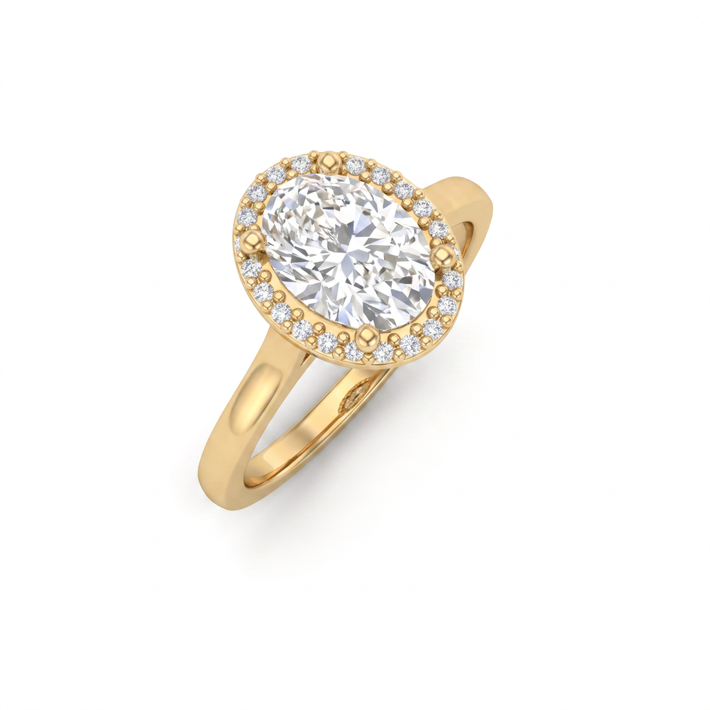 Angled view of the oval halo engagement ring in 14K yellow gold, showing the halo profile and how low the setting sits
