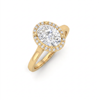 Angled view of the oval halo engagement ring in 14K yellow gold, showing the halo profile and how low the setting sits