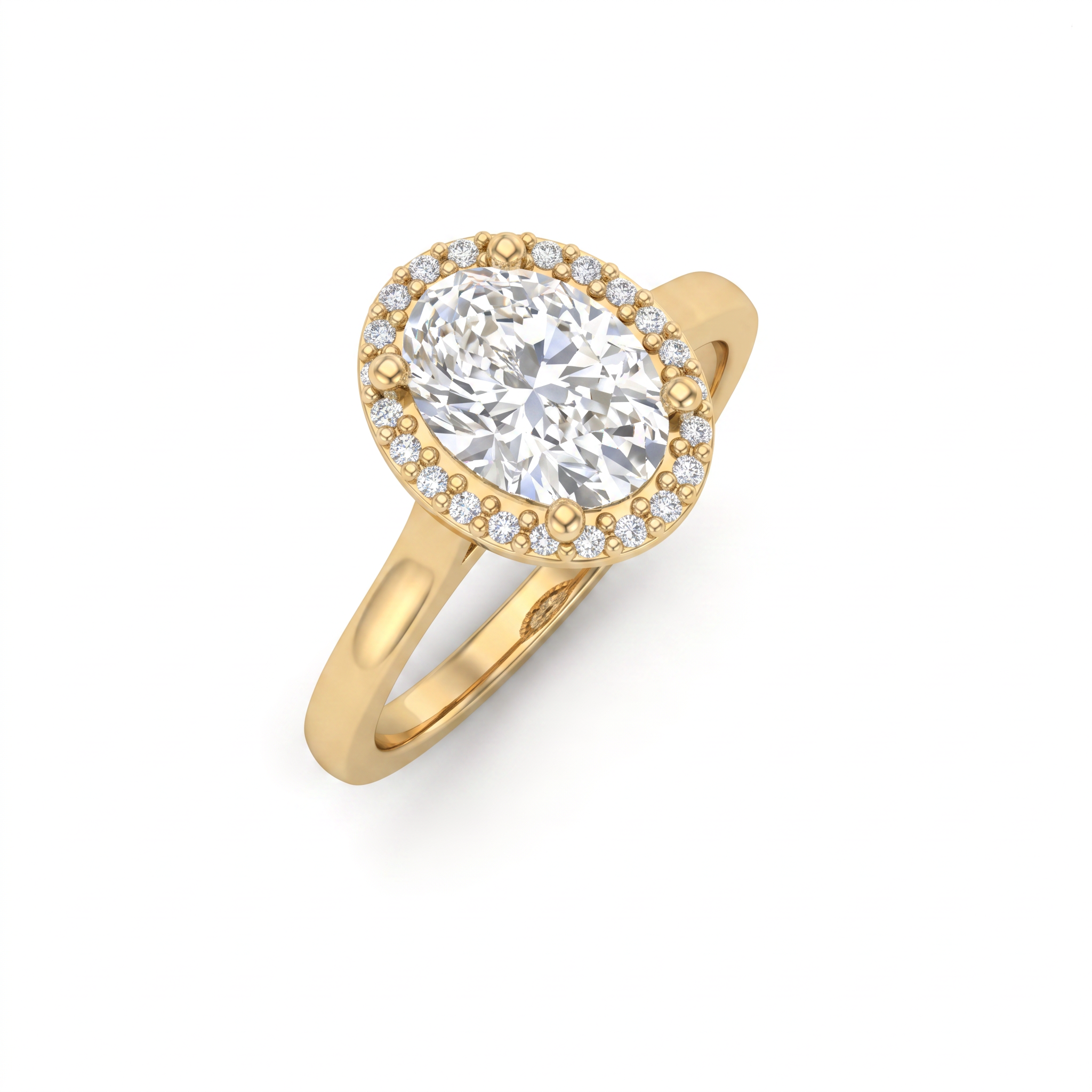 Angled view of the oval halo engagement ring in 14K yellow gold, showing the halo profile and how low the setting sits