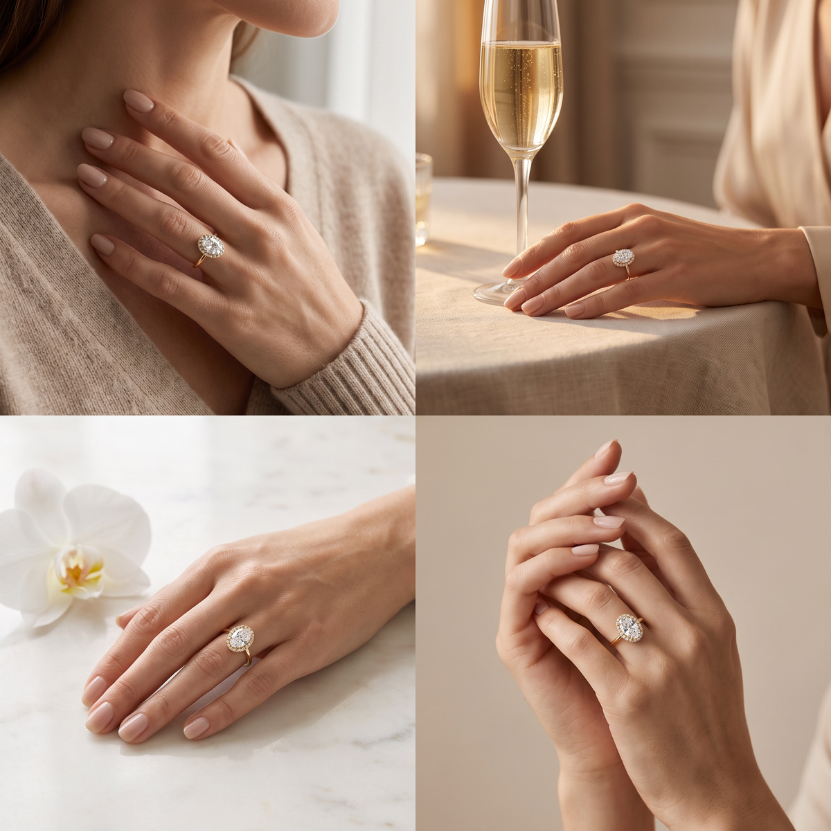 Four lifestyle views of the oval halo engagement ring in yellow gold worn on the hand