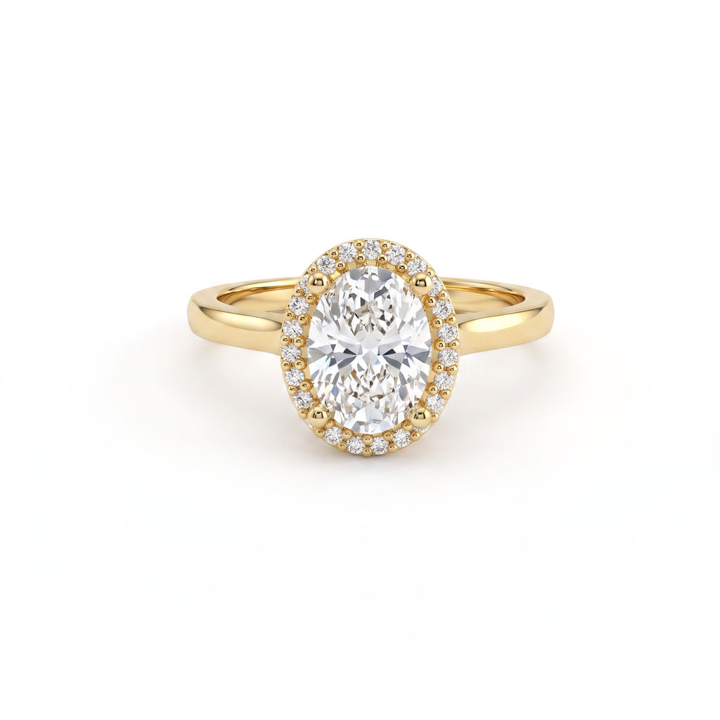Oval halo engagement ring in solid 14K yellow gold, oval Lab-Grown Diamond centre framed by a round brilliant halo on a thin band