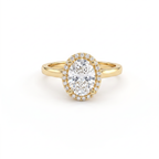 Oval halo engagement ring in solid 14K yellow gold, oval Lab-Grown Diamond centre framed by a round brilliant halo on a thin band