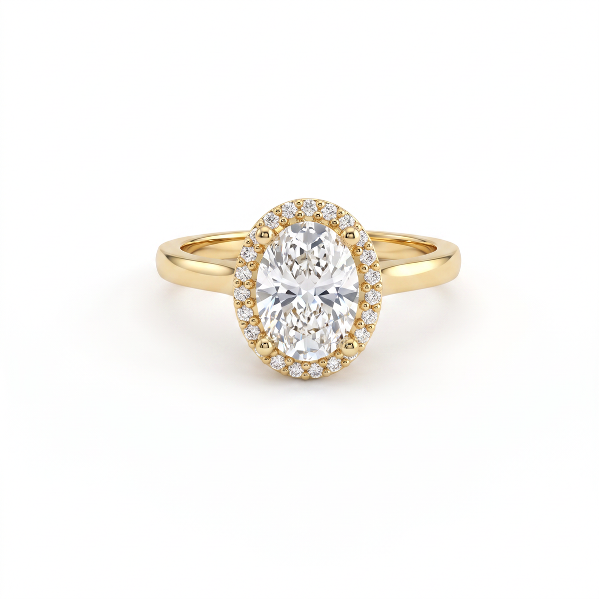 Oval halo engagement ring in solid 14K yellow gold, oval Lab-Grown Diamond centre framed by a round brilliant halo on a thin band