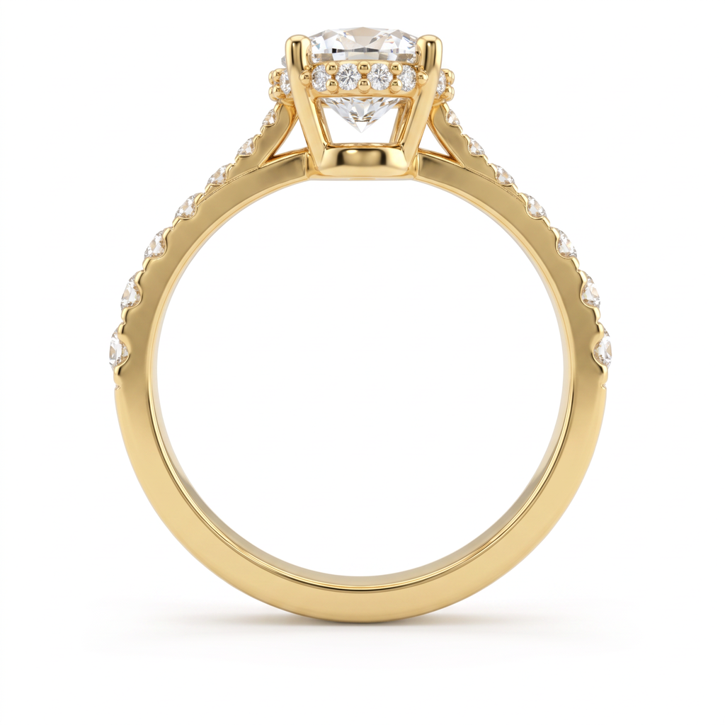 Profile view of a 14K gold oval engagement ring showing the hidden halo of Lab-Grown Diamonds beneath the center stone