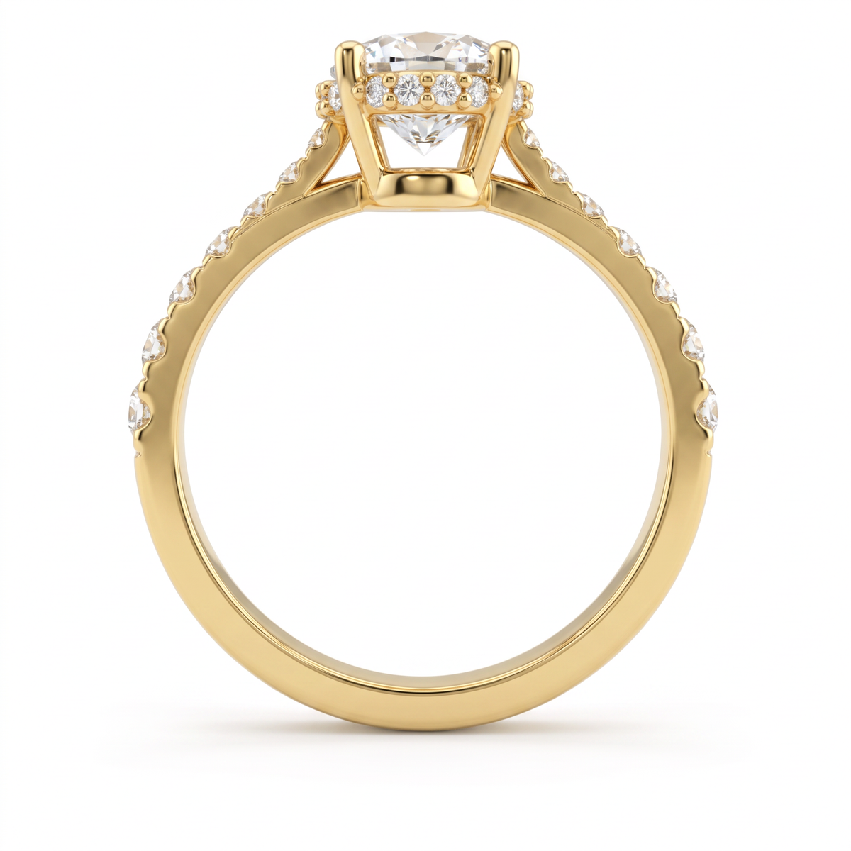 Profile view of a 14K gold oval engagement ring showing the hidden halo of Lab-Grown Diamonds beneath the center stone