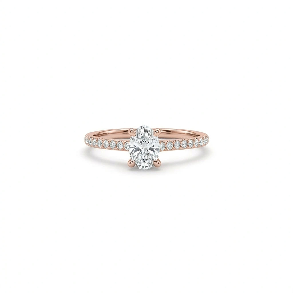 Oval lab-grown diamond pavé engagement ring in solid 14K rose gold with thin pavé band