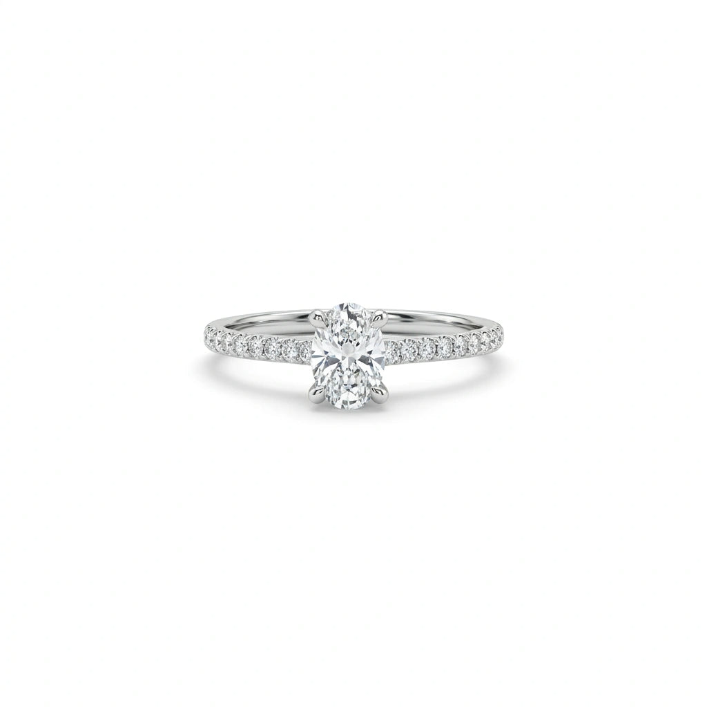 Oval lab-grown diamond engagement ring in solid 14K white gold with pavé thin band and four prongs