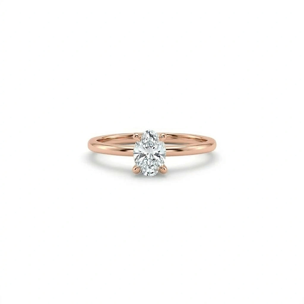 Oval solitaire ultra thin engagement ring with lab-grown diamond in solid 14K rose gold