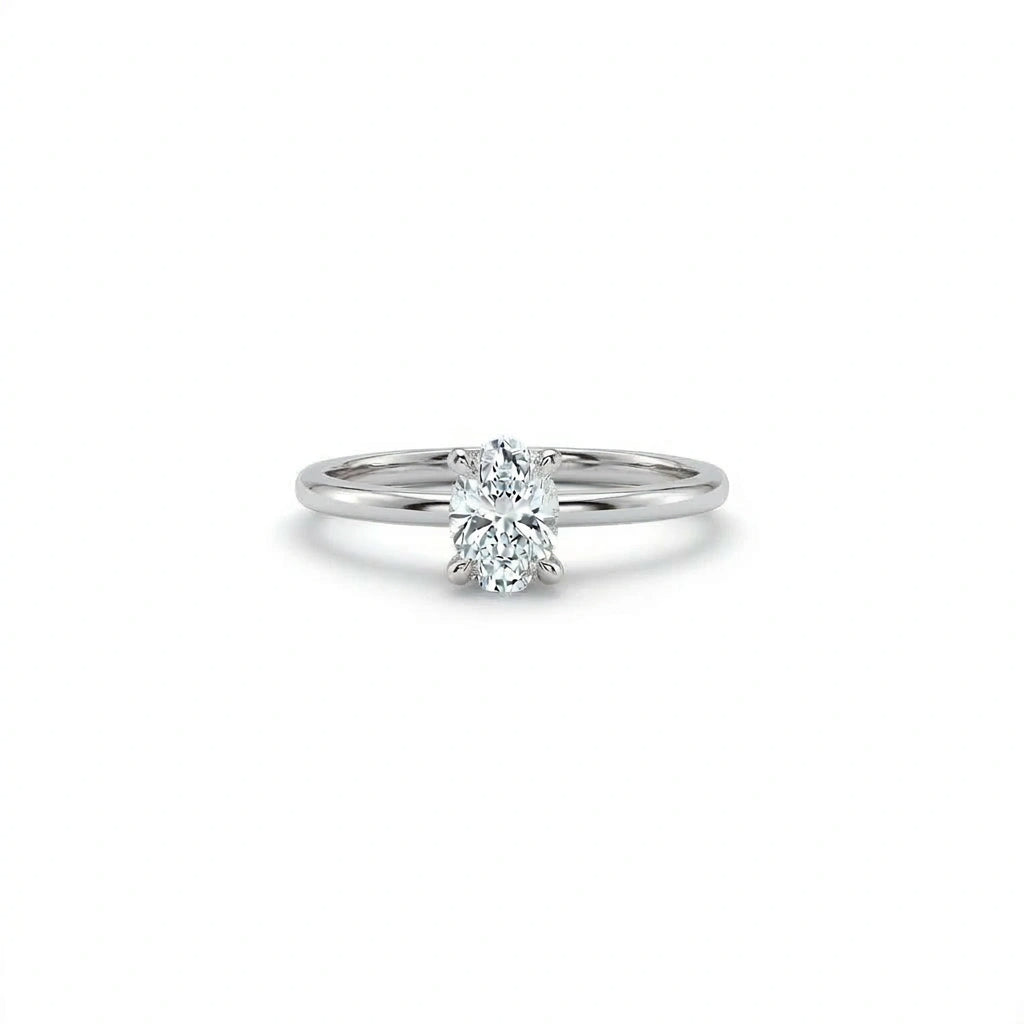 Oval solitaire ultra thin engagement ring with lab-grown diamond in solid 14K white gold