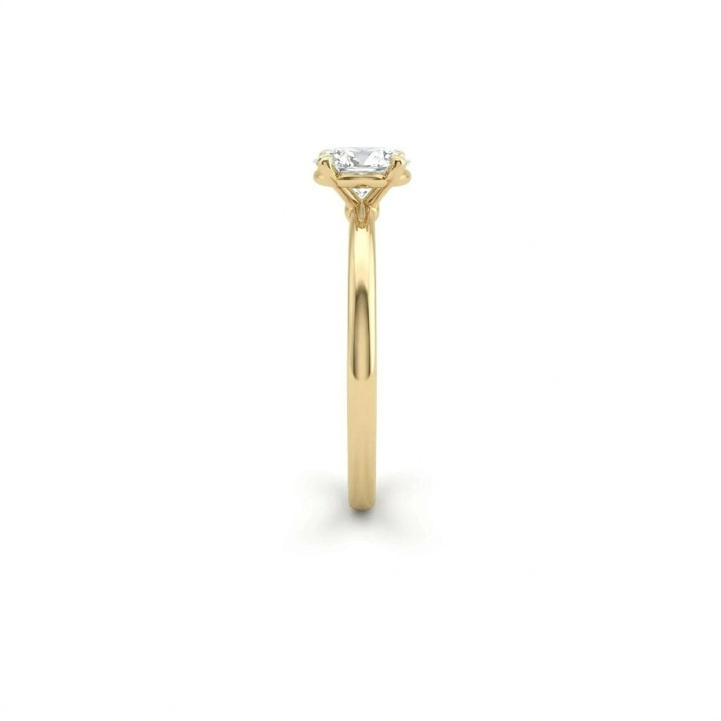 Rear profile of oval solitaire ultra thin engagement ring in solid 14K yellow gold
