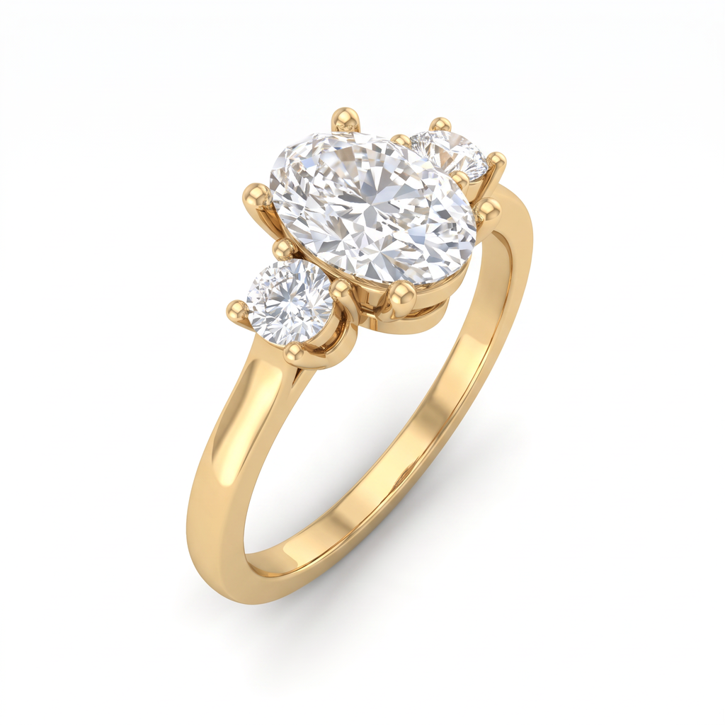 Angled view of the oval three-stone engagement ring in 14K yellow gold, showing the low setting and tapered band