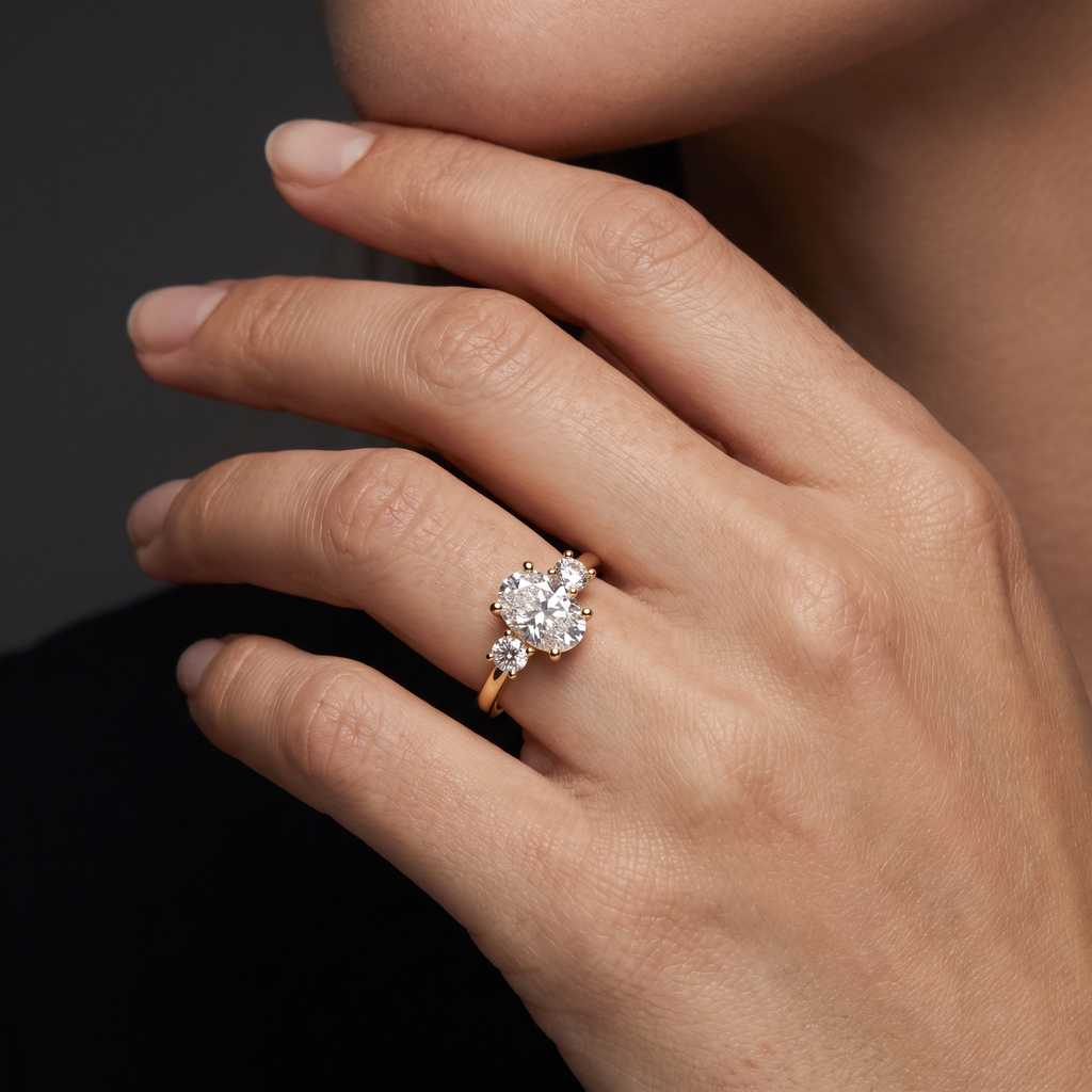Woman wearing the oval three-stone engagement ring in 14K yellow gold, showing how the three stones run along the finger