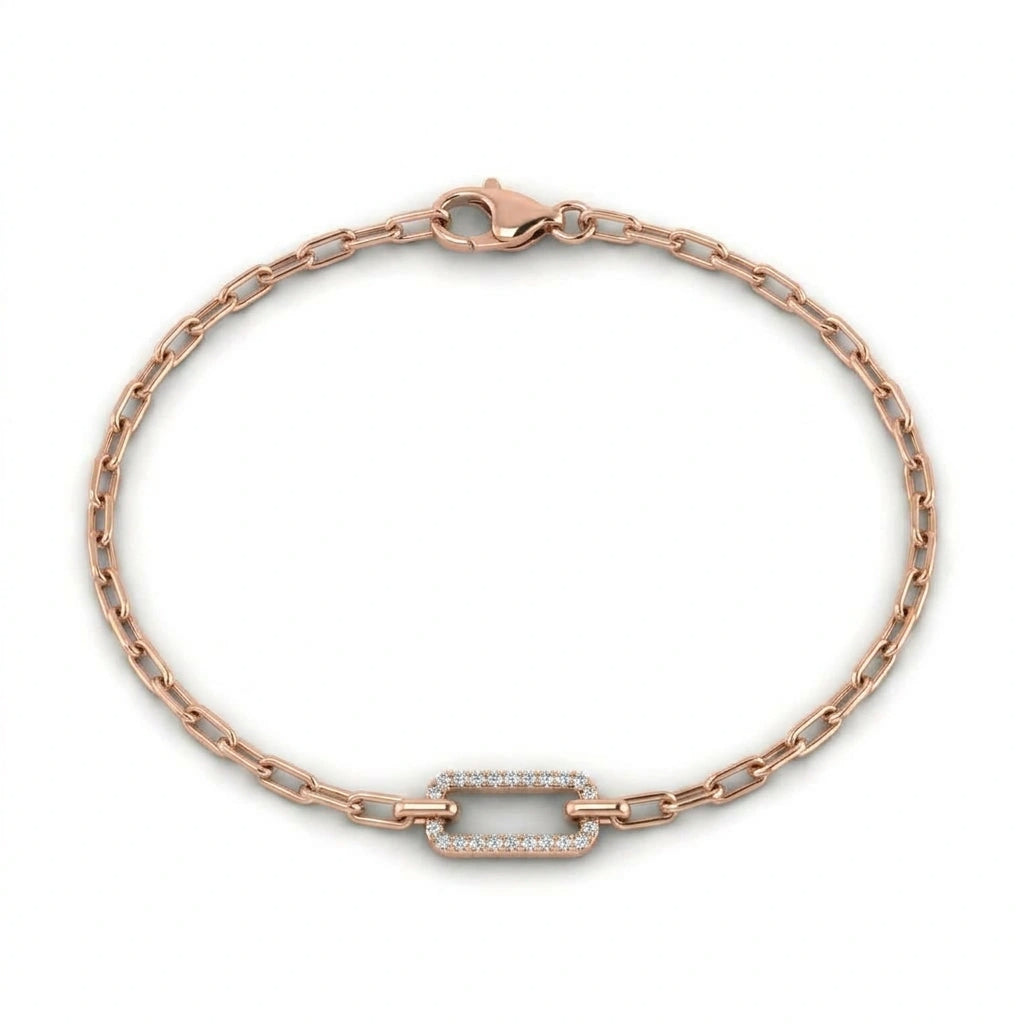 Pavé white diamond paperclip chain bracelet in 14K rose gold, full front view — Black Pearl of Queens
