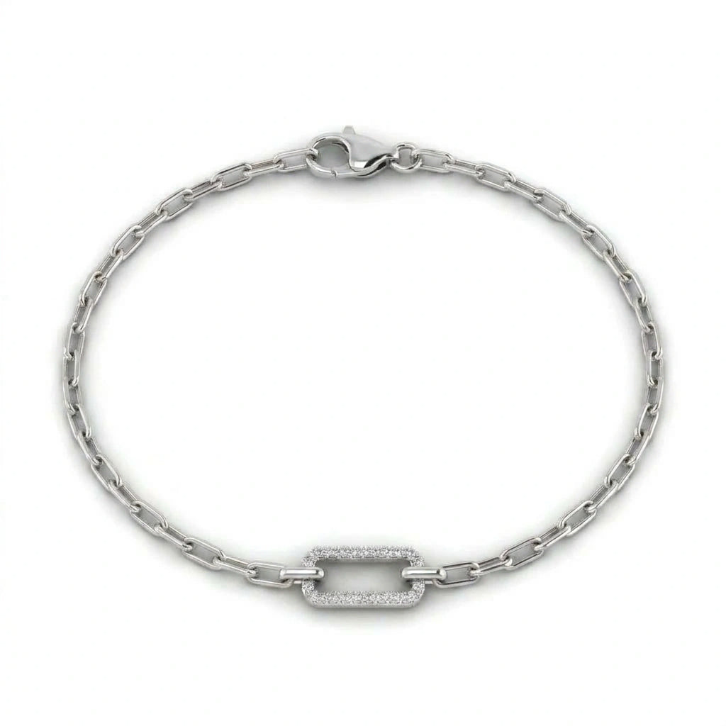 Pavé white diamond paperclip chain bracelet in 14K white gold, full front view — Black Pearl of Queens