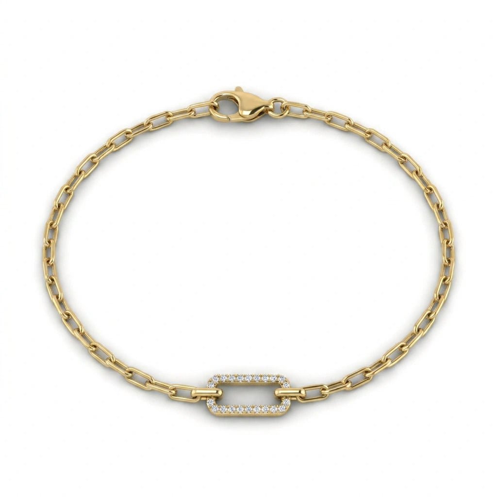 Pavé white diamond paperclip chain bracelet in 14K yellow gold, full front view — Black Pearl of Queens