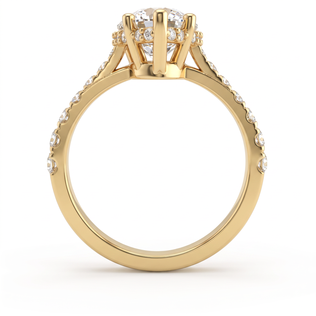 Profile view of a 14K yellow gold Pear Cut Lab-Grown Diamond engagement ring showing the hidden halo and pavé band