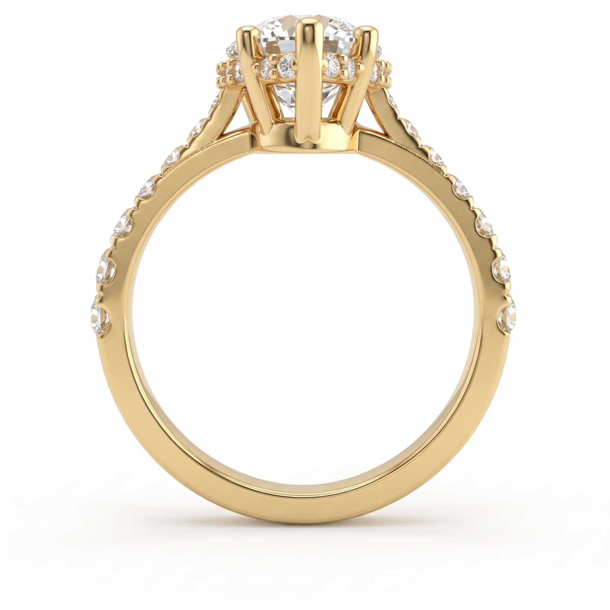 Profile view of a 14K yellow gold Pear Cut Lab-Grown Diamond engagement ring showing the hidden halo and pavé band
