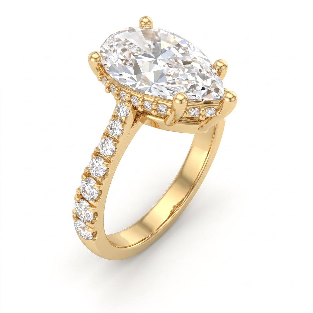 2.5ct Pear Cut Lab-Grown Diamond hidden halo engagement ring in 14K yellow gold with a pavé band, angled view