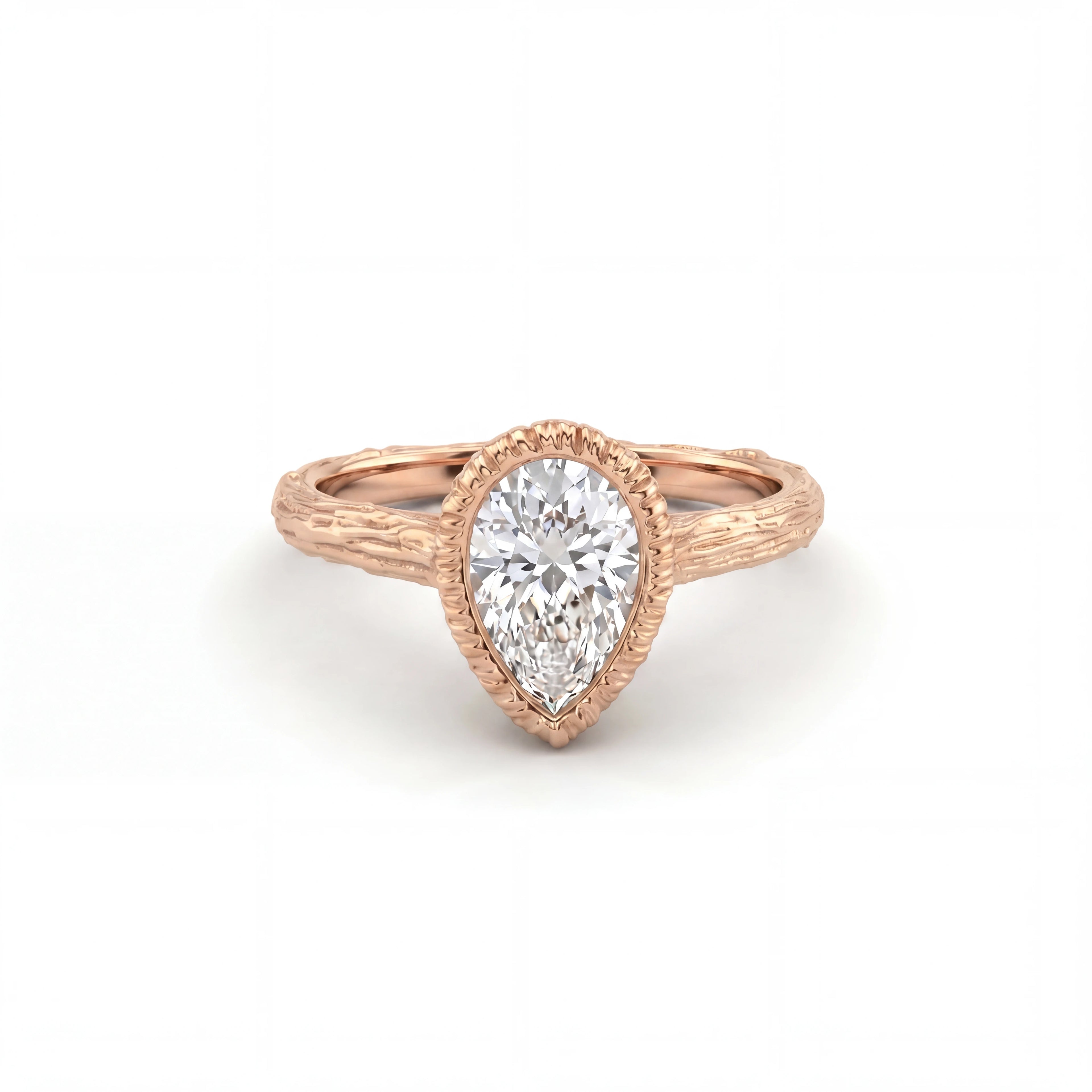 Pear Lab-Grown Diamond engagement ring with a hand-carved branch band in 14K rose gold