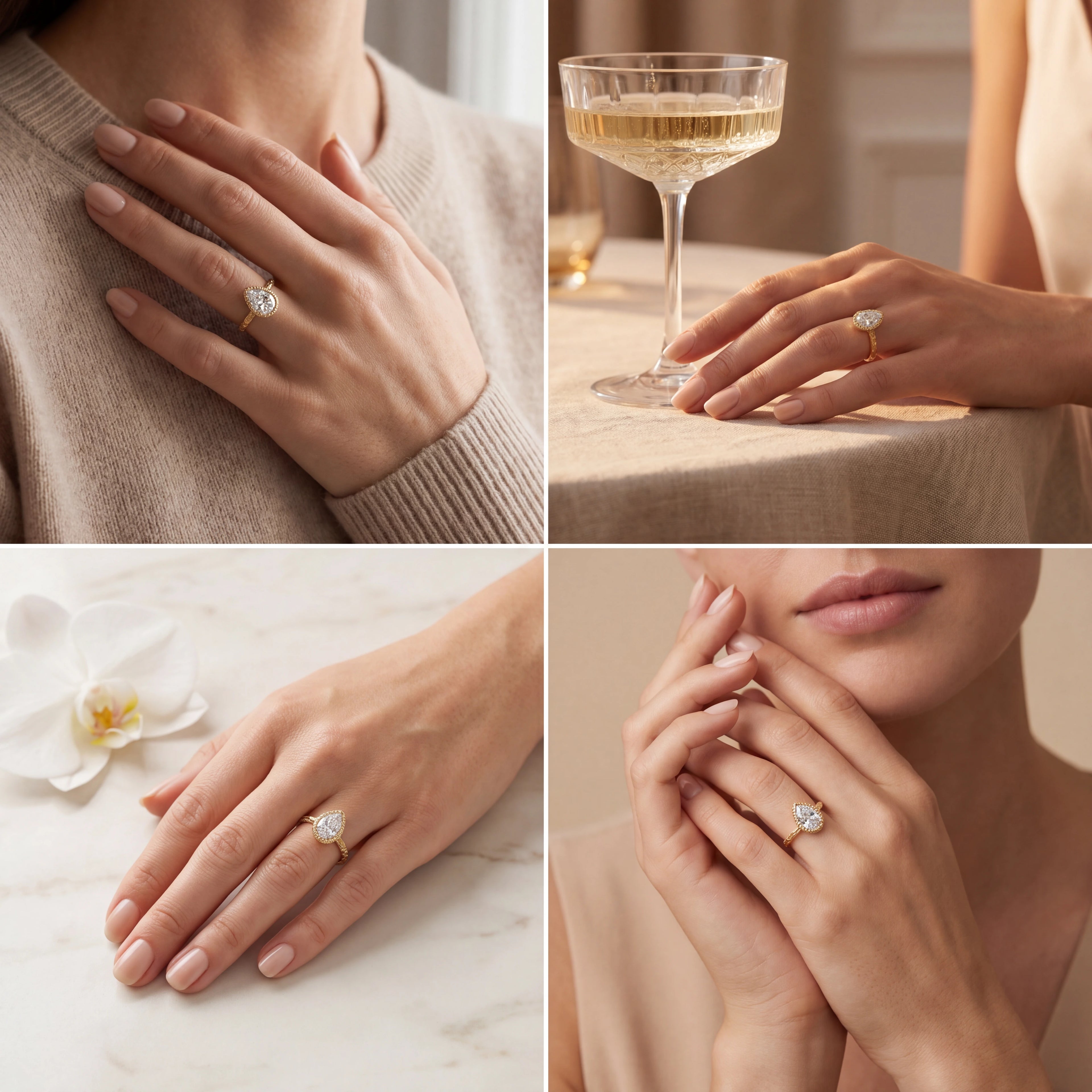 Pear Lab-Grown Diamond engagement ring with a hand-carved branch band in 14K white gold