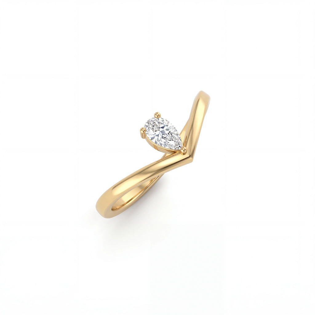 Pear Lab-Grown Diamond Wishbone Ring in 14K yellow gold, angled view showing the V-shaped band