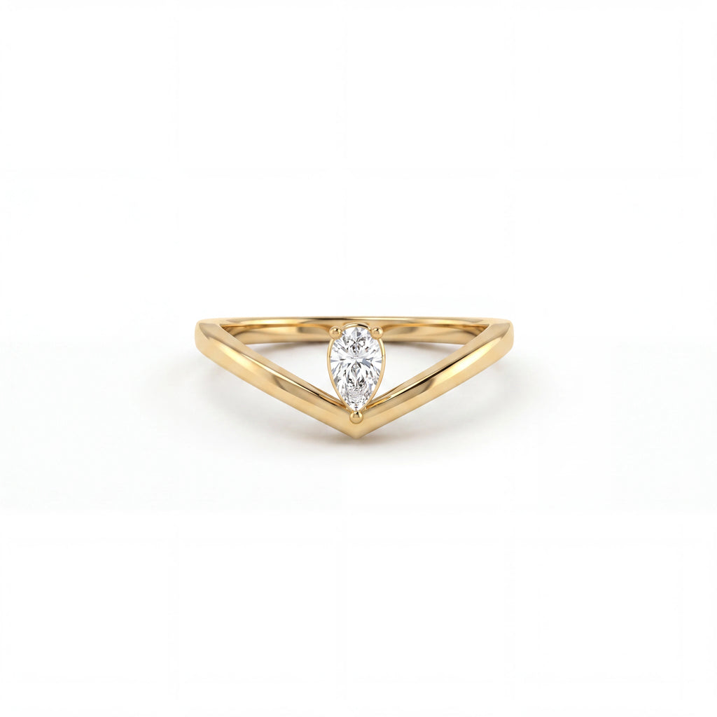 Pear Lab-Grown Diamond Wishbone Ring in solid 14K yellow gold, front view
