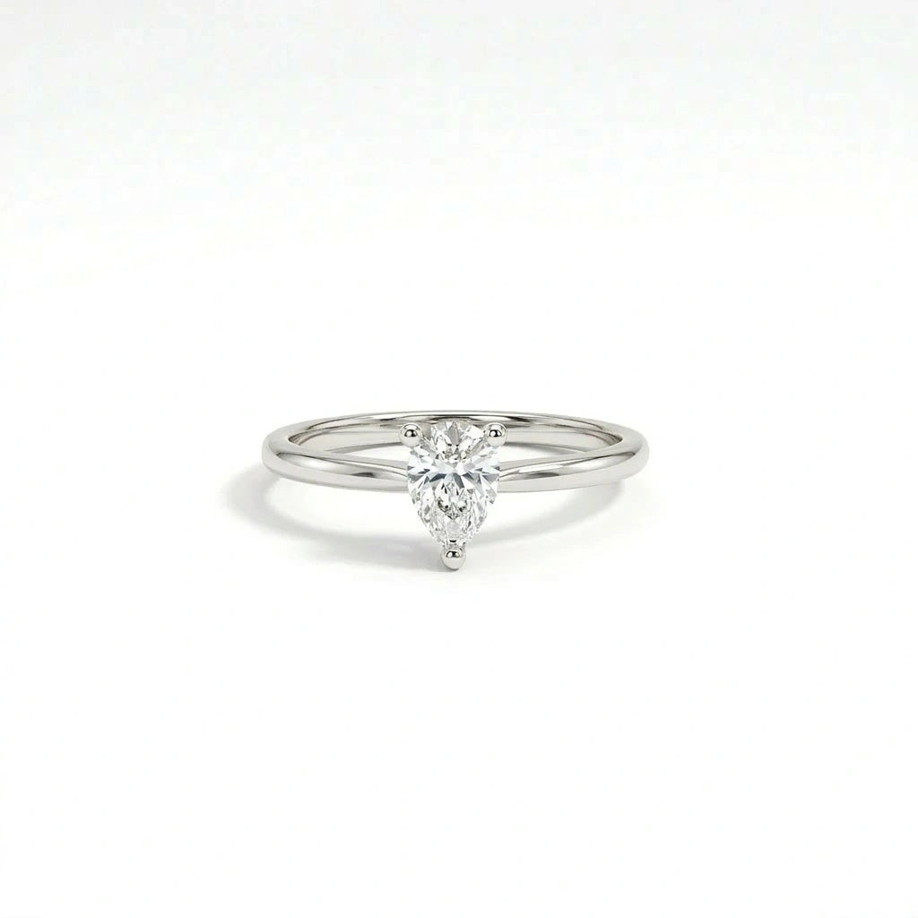 Pear solitaire ultra thin engagement ring with lab-grown diamond in solid 14K white gold