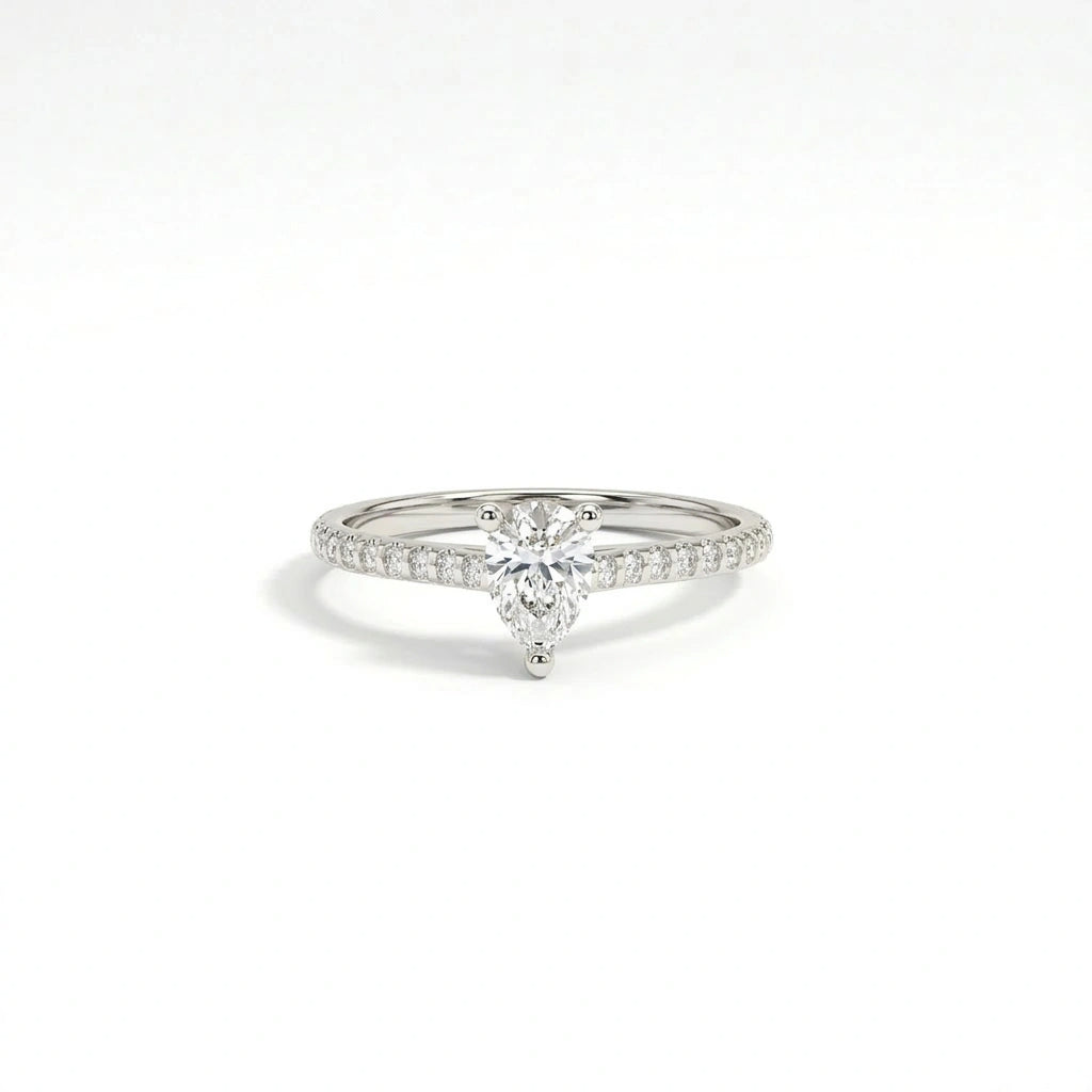 Pear ultra thin pavé engagement ring with lab-grown diamond in solid 14K white gold
