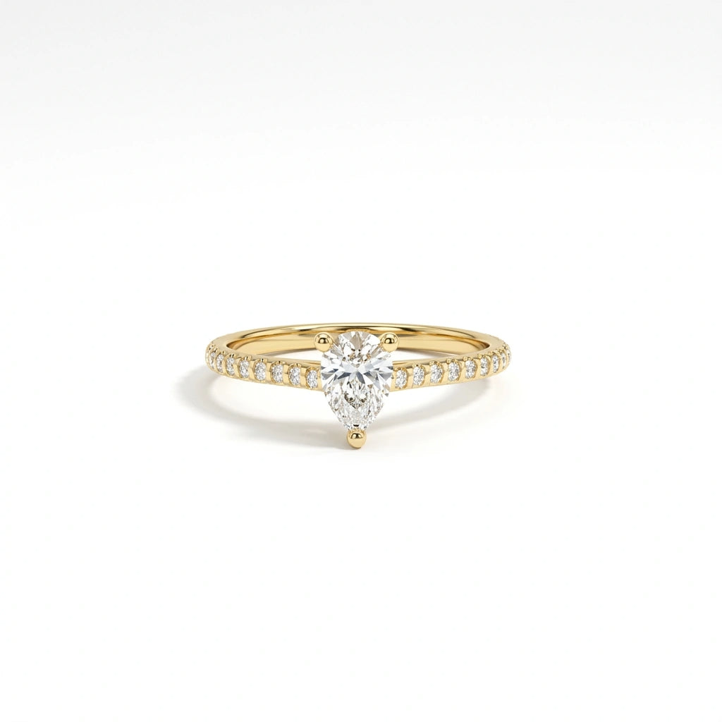 Pear ultra thin pavé engagement ring with lab-grown diamond in solid 14K yellow gold