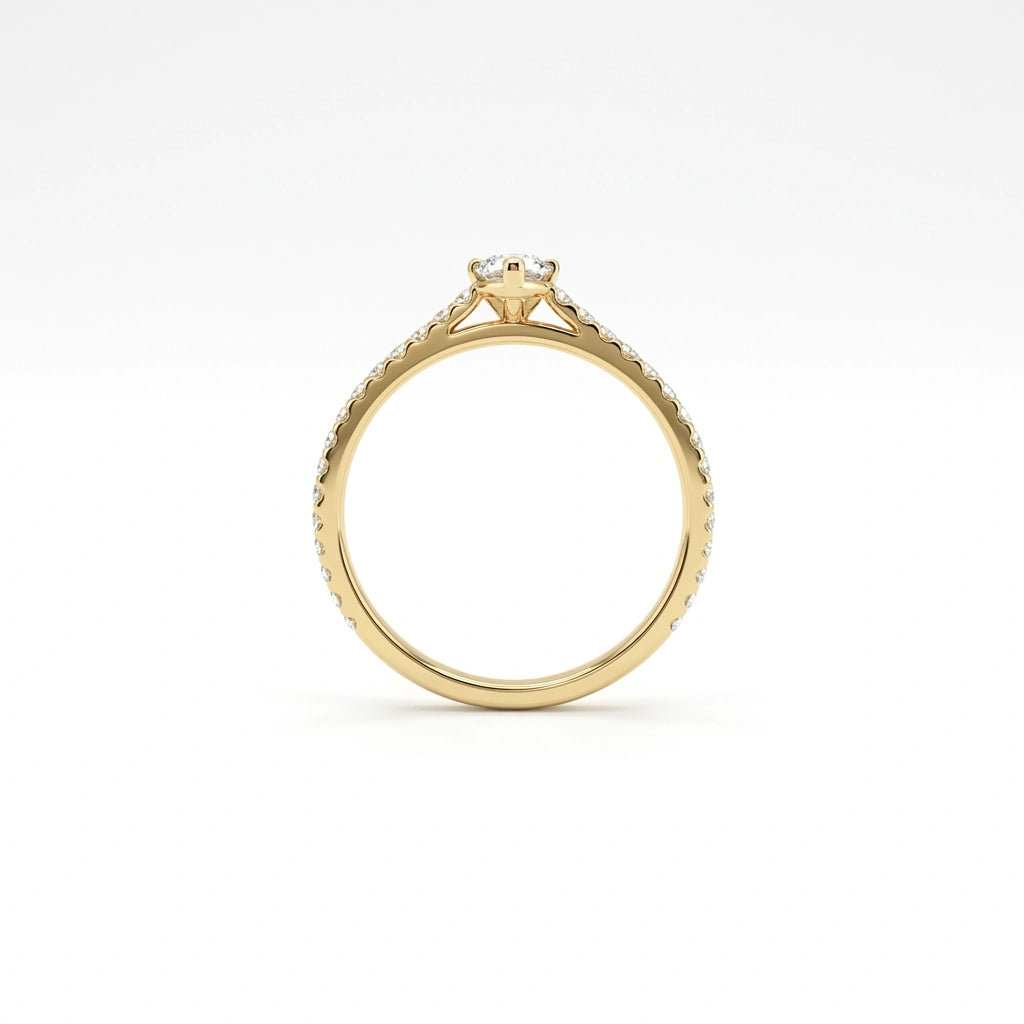 Rear profile of pear ultra thin pavé engagement ring in solid 14K yellow gold with lab-grown diamond