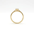 Rear profile of pear ultra thin pavé engagement ring in solid 14K yellow gold with lab-grown diamond