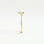 Side profile of pear ultra thin pavé engagement ring with lab-grown diamond and cathedral setting