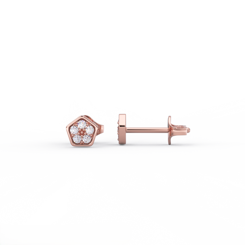 Pentagon diamond stud earrings in solid 14k rose gold on white background