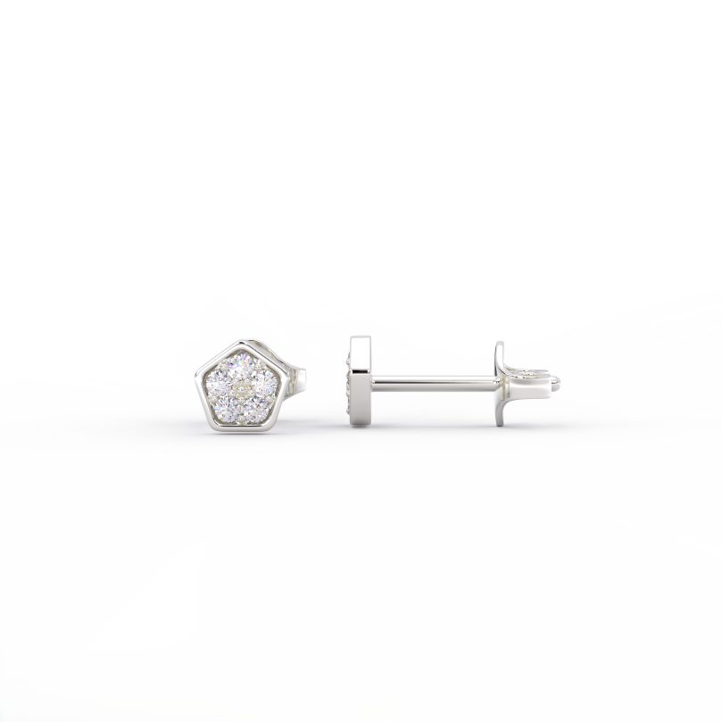 Pentagon diamond stud earrings in solid 14k white gold handcrafted in NYC