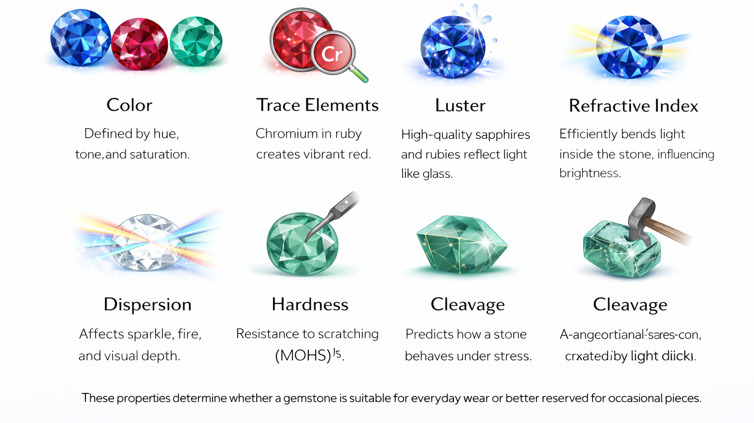 Diagram explaining physical and optical gemstone properties such as color, luster, refractive index, dispersion, and hardness