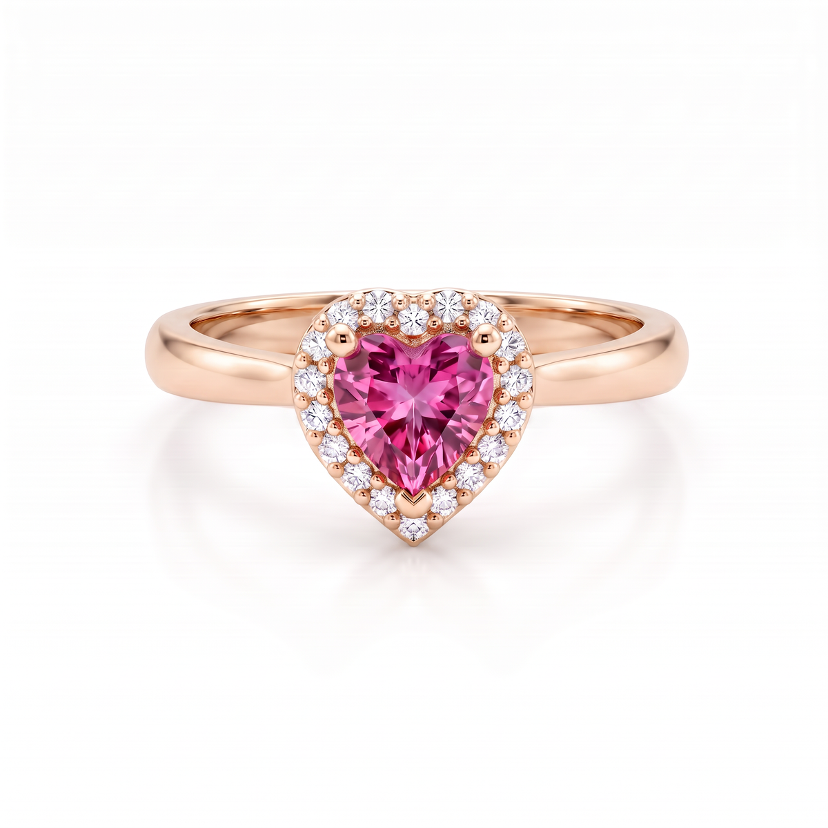 Pink tourmaline heart promise ring with Lab-Created Pink Tourmaline and a Lab-Grown Diamond halo in 14K rose gold