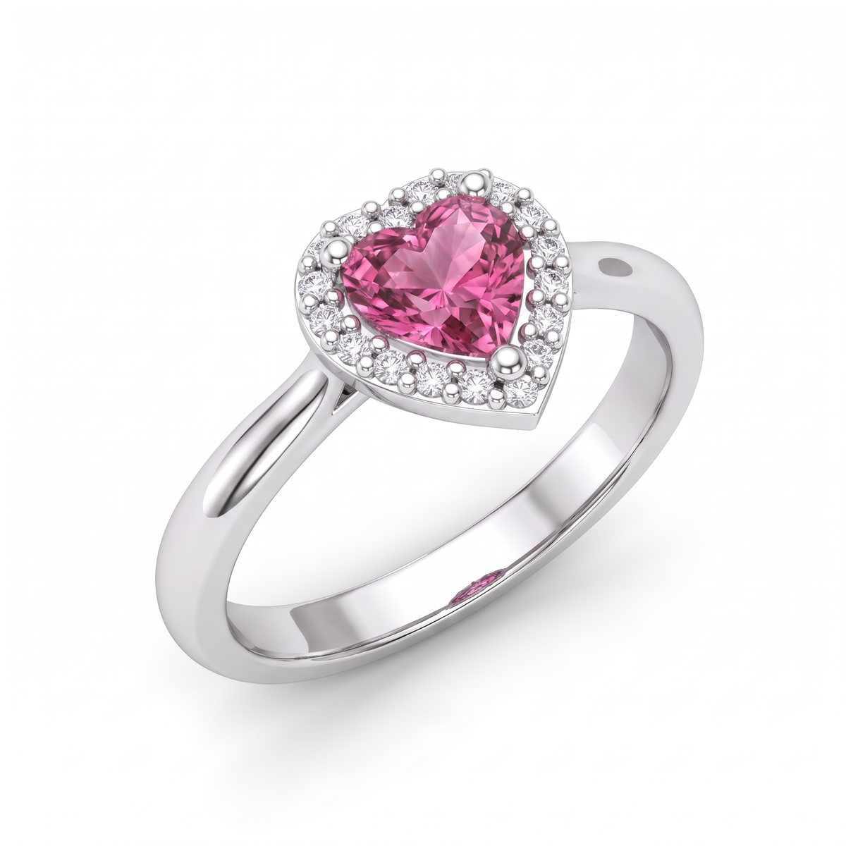Angled view of a Lab-Created Pink Tourmaline heart promise ring with Lab-Grown Diamond halo on a 2.5mm 14K white gold band