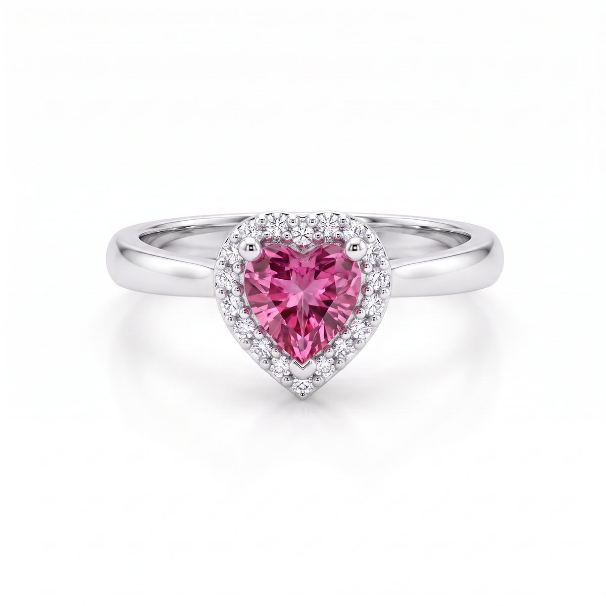 Pink tourmaline heart promise ring with Lab-Created Pink Tourmaline and a Lab-Grown Diamond halo in 14K white gold