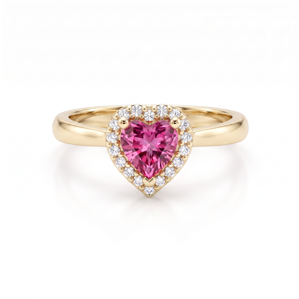 Pink tourmaline heart promise ring with Lab-Created Pink Tourmaline and a Lab-Grown Diamond halo in 14K yellow gold