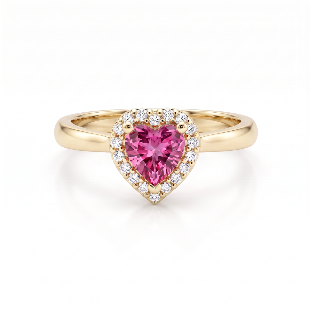 Pink tourmaline heart promise ring with Lab-Created Pink Tourmaline and a Lab-Grown Diamond halo in 14K yellow gold