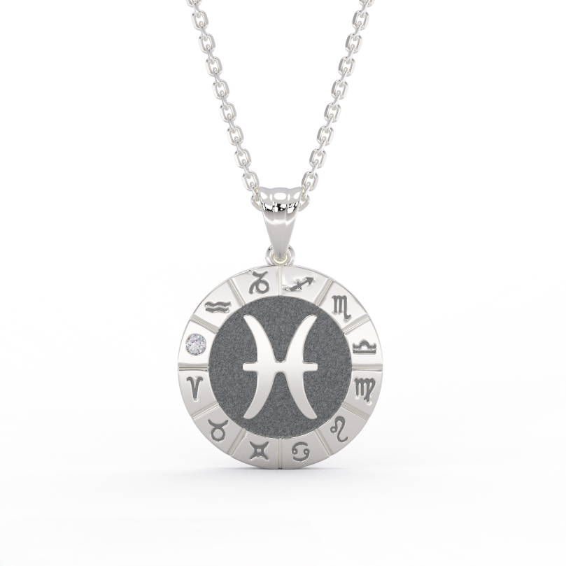 14K white gold Pisces zodiac medallion necklace