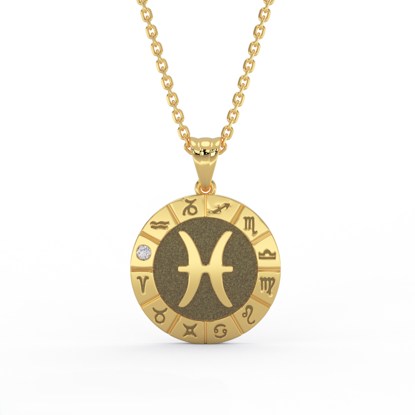 14K yellow gold Pisces zodiac medallion necklace