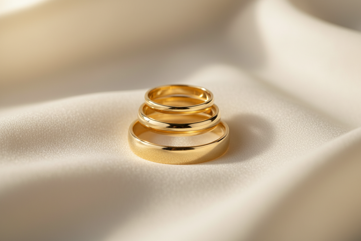 Luxury 14K yellow gold wedding bands hero image with three different width 14k yellow gold wedding bands