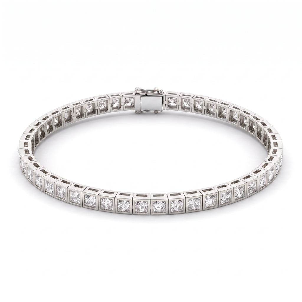 Princess cut bezel tennis bracelet in 14K white gold with square Lab-Grown Diamonds and box clasp