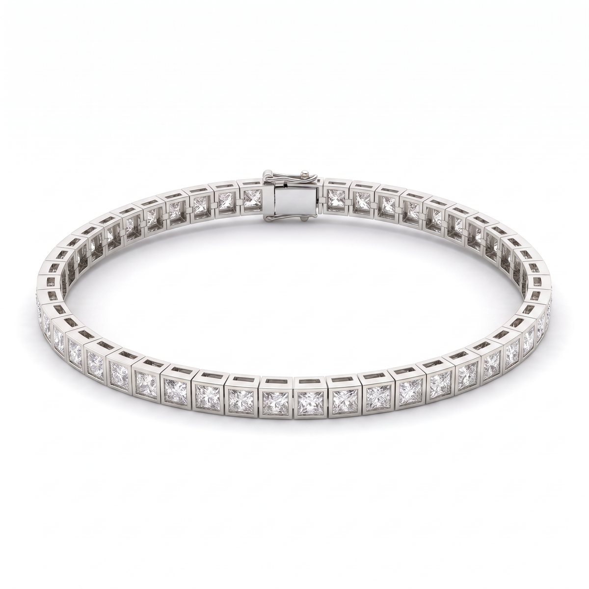 Princess cut bezel tennis bracelet in 14K white gold with square Lab-Grown Diamonds and box clasp