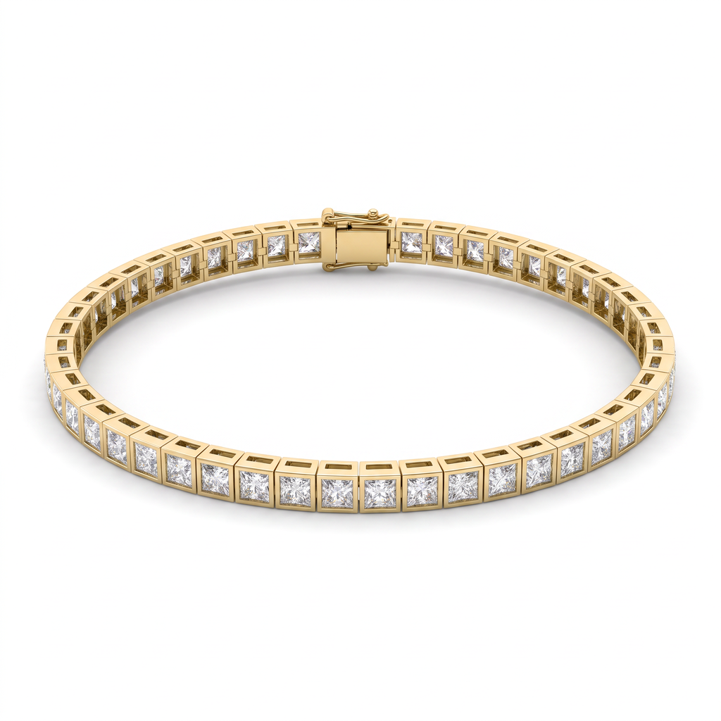 Princess cut bezel tennis bracelet in 14K yellow gold with square Lab-Grown Diamonds and box clasp